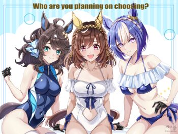  3girls :d ahoge alternate_costume animal_ears aqua_eyes arm_support bare_shoulders bikini black_gloves blue_bikini blue_hair blue_one-piece_swimsuit blue_sky blush braid breasts brown_hair buena_vista_(umamusume) casual_one-piece_swimsuit cesario_(umamusume) checkered_hairband closed_mouth clothing_cutout cloud collar collarbone commentary_request competition_swimsuit covered_navel cowboy_shot crown_braid daring_tact_(umamusume) ear_covers english_text gloves hair_between_eyes hair_ornament hairband half_gloves halterneck hand_on_own_hip horse_ears horse_girl horse_tail long_hair looking_at_viewer medium_breasts medium_hair multicolored_hair multiple_girls navel navel_cutout off_shoulder one-piece_swimsuit open_mouth purple_eyes short_hair signature simple_background sitting sky smile speech_bubble star_(symbol) star_hair_ornament streaked_hair swimsuit tail thighhighs thighs translation_request tsukiyuki_mike twitter_username umamusume white_one-piece_swimsuit white_streaks white_thighhighs 