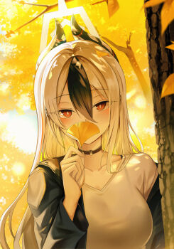  1girl alternate_hairstyle autumn autumn_leaves black_choker black_hair black_horns blue_archive blush breasts choker closed_mouth commentary demon_horns grey_halo hair_between_eyes hair_down halo highres holding holding_leaf horns kayoko_(blue_archive) leaf leehong_studio long_hair long_sleeves looking_at_viewer multicolored_hair red_eyes shirt solo tree two-tone_hair v-neck white_hair white_shirt 