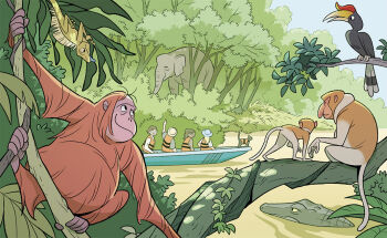  bird blue_sky boat branch cat commentary_request crocodile crocodilian day elephant gurihiru jungle life_vest lizard monkey multiple_boys multiple_girls nature orange_fur orangutan original outdoors plant pointing proboscis_monkey sky smile vines water watercraft 