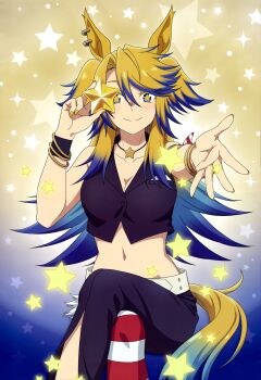  1girl absurdres animal_ears anime_coloring animedia armpit_crease asymmetrical_legwear belt black_shirt blonde_hair blue_background blue_eyes blue_hair bracelet breasts cleavage closed_mouth collarbone collared_shirt colored_tips copyright_name copyright_notice cropped_shirt crossed_legs earrings hair_between_eyes highres holding holding_star horse_ears horse_girl horse_tail jewelry light_blush long_hair looking_at_viewer magazine_scan medium_breasts midriff multicolored_hair nail_polish navel necklace obey_your_master_(umamusume) official_art reaching reaching_towards_viewer red_thighhighs scan shirt sidelocks single_thighhigh sitting smile solo star-shaped_pupils star_(symbol) star_necklace striped_clothes striped_thighhighs symbol-shaped_pupils tail textless_version thighhighs too_many_stars two-tone_background two-tone_hair two-tone_thighhighs umamusume umamusume:_cinderella_gray uneven_legwear white_belt white_thighhighs wristband yellow_background yellow_nails yoriko 