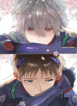  2boys blue_eyes brown_hair closed_mouth crossed_arms crying crying_with_eyes_open grey_hair highres ikari_shinji interface_headset_(evangelion) male_focus mecha_pilot_suit multiple_boys nagisa_kaworu neon_genesis_evangelion plugsuit_(evangelion) red_eyes short_hair soraaaa53 tears twitter_username 