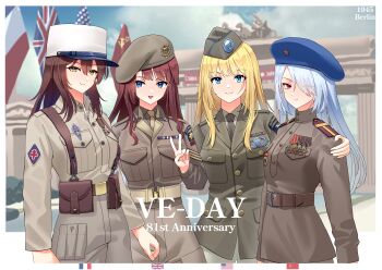  101st_airborne 4girls absurdres american_flag aqua_eyes arms_around_another's_back belt beret berlin blonde_hair blue_eyes blue_hat border brandenburg_gate british_army brown_belt brown_hair brown_hat brown_jacket brown_pants chinese_commentary commentary commentary_typo cowboy_shot english_commentary english_text french_army french_flag french_foreign_legion garrison_cap green_hat green_jacket hair_over_one_eye hat highres historical_american_flag jacket leochan1202 long_hair looking_at_viewer medal military military_dress_uniform military_rank_insignia military_uniform mixed-language_commentary multilingual_commentary multiple_girls original pants patch peaked_cap polish_flag red_eyes red_hair ribbon_bar shoulder_patch smile soviet_army soviet_flag union_jack unit_patch united_states_army v white_border white_hair white_hat world_war_ii yellow_eyes 