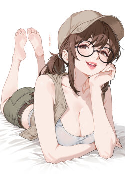 1girl absurdres artist_name ass barefoot bed_sheet breasts brown_eyes brown_hair brown_hat brown_shorts brown_vest cleavage commentary crop_top feet field_cap fio_germi glasses hat highres large_breasts looking_at_viewer lying melowh metal_slug on_stomach open_mouth ponytail round_eyewear shorts simple_background sleeveless solo tank_top utility_vest vest white_background white_tank_top  rating:Sensitive score:21 user:danbooru