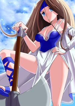  1girl absurdres axe blue_eyes blue_headband breasts brown_hair cape cleavage closed_mouth cloud diane_(monster_maker) dress headband highres holding long_hair looking_at_viewer monster_maker sandals skirt solo toku_sonchou weapon 