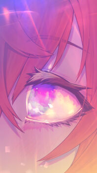  1girl ange_katrina blue_hair blush close-up cloud cloudy_sky commentary_request eye_focus eye_reflection eyelashes from_side highres kutori_pan'ya looking_up multicolored_hair nijisanji purple_eyes red_hair reflection sky solo streaked_hair sunset two-tone_hair virtual_youtuber 