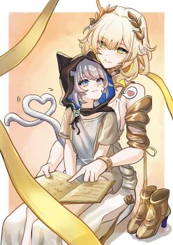  2girls absurdres aglaea_(honkai:_star_rail) animal_ears armpit_crease blonde_hair blue_eyes book bracelet cat_ears cat_girl cat_tail child cipher_(honkai:_star_rail) cipher_(in_pursuit_of_the_wind)_(honkai:_star_rail) commentary_request greco-roman_clothes green_eyes grey_hair heart highres holding holding_book honkai:_star_rail honkai_(series) jewelry laurel_crown mature_female medium_hair multiple_girls pointing reading ribbon shoes sitting sitting_on_lap sitting_on_person smile spoken_heart tail torn_clothes yukikamaboko 