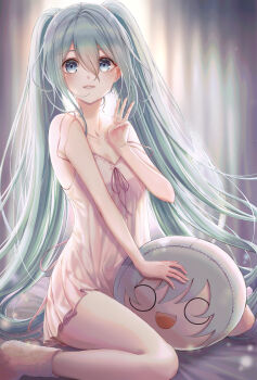 1girl absurdres aqua_eyes aqua_hair commentary csc00014 curtains female_focus hand_up hatsune_miku highres huge_filesize long_hair looking_at_viewer nightgown open_mouth parted_lips pink_nightgown pink_socks sitting smile socks solid_circle_eyes solo stuffed_toy twintails very_long_hair vocaloid w wariza rating:Sensitive score:26 user:danbooru
