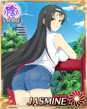 1girl architecture ass bare_shoulders bent_over black_hair blouse blue_sky border breasts brown_eyes brown_hair card_(medium) character_name cloud denim denim_shorts east_asian_architecture emblem eyewear_on_head game_cg grin hairband jasmine_(senran_kagura) large_breasts leaning_forward leaning_on_object long_hair looking_back mole mole_above_eye multiple_moles official_art outdoors parted_bangs senran_kagura senran_kagura_new_wave shirt short_hair shorts sky smile solo sparkle sunglasses thighs tree turtleneck very_short_hair white_hairband