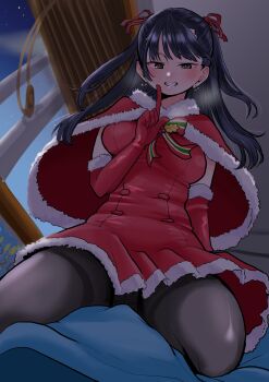  1girl bed black_hair blanket window_blinds blush boku_no_kokoro_no_yabai_yatsu brown_eyes capelet dress elbow_gloves finger_to_mouth from_below gloves grin highres long_hair pantyhose pov red_dress sakurai_norio santa_costume shushing smile straddling tagme two_side_up window yamada_anna  rating:Sensitive score:47 user:GAnonymous