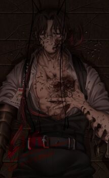  1boy antennae arthropod_limbs beard belt black_vest body_horror brown_hair collared_shirt commentary_request cowboy_shot curtained_hair exhausted exposed_muscle facial_hair glasgow_smile glasses gregor_(project_moon) guro half-closed_eyes hand_on_own_chest highres hole_in_chest hole_on_body id_card limbus_company lin55479926 looking_down low_ponytail maggot male_focus open_clothes open_shirt ponytail project_moon shirt short_hair solo spiked_arm vest white_shirt 