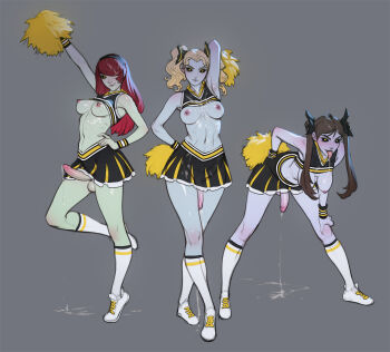  3girls blonde_hair breasts brown_hair cheerleader demon_girl erection full-package_futanari futanari grey_background hair_ornament highres long_hair multiple_girls original pleated_skirt pom_pom_(cheerleading) red_hair shoes simple_background skirt sneakers socks tarakanovich tongue tongue_out twintails 