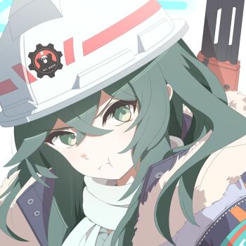  1girl ak-47 assault_rifle blue_archive blue_halo closed_mouth commentary_request fluffy_clothes green_hair gun halo helmet highres kalashnikov_rifle long_hair looking_at_viewer messy_hair minori_(blue_archive) red_winter_federal_academy_logo rifle scarf solo user_vnke7835 weapon white_background winter_clothes 