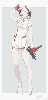  1girl absurdres black_hair black_hood breasts china_dress chinese_clothes commentary_request covered_navel cross cross_print dress ear_piercing female_focus full_body gloves gun hair_ornament hairclip hat high_heels highres holding holding_gun holding_weapon iwado_anna kamezaemon mac-10/11 machine_pistol multicolored_hair nurse nurse_cap open_mouth original outside_border pale_skin piercing pill pinky_out pumps red_gloves short_dress short_hair small_breasts solo standing submachine_gun tongue tongue_out trigger_discipline two-tone_hair weapon white_hair white_hat  rating:Sensitive score:12 user:danbooru