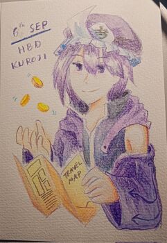  1other androgynous arrow_print black_shirt buttons character_name closed_mouth coin collared_shirt commentary cropped_torso dated detached_hood english_commentary frilled_headwear gold_coin hair_between_eyes happy happy_birthday hat high_collar highres holding holding_map hood hood_down hooded_jacket jacket len&#039;en long_sleeves looking_at_object map mob_cap motion_lines open_clothes open_jacket other_focus photo_(medium) print_sleeves purple_eyes purple_hair purple_hat purple_jacket shirt shitodo_kuroji short_hair single_bare_shoulder sleeveless sleeveless_shirt smile solo traditional_media triangular_headpiece wide_sleeves yamanoskk 