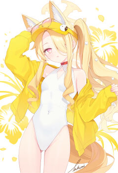  1girl above-cleavage_cutout absurdres animal_ear_fluff animal_ears arm_up artist_name bare_shoulders blonde_hair blue_archive breasts clothing_cutout commentary covered_navel cowboy_shot cross_halo diamond_cutout dot_nose extra_ears eyewear_on_headwear fingernails floral_background flower fox_ears fox_girl gluteal_fold gradient_eyes hair_flower hair_ornament hair_over_one_eye halo hand_up highleg highleg_one-piece_swimsuit highres jacket loli long_hair long_sidelocks long_sleeves looking_at_viewer multicolored_eyes off_shoulder official_alternate_costume official_alternate_hairstyle one-piece_swimsuit one_eye_covered open_clothes open_jacket open_mouth orange-tinted_eyewear parted_lips pink_eyes seia_(blue_archive) seia_(swimsuit)_(blue_archive) side_ponytail sidelocks signature sleeves_past_wrists small_breasts solo standing sunglasses swimsuit takimii thighs tinted_eyewear very_long_hair visor_cap white_one-piece_swimsuit yellow_halo yellow_jacket yellow_visor 