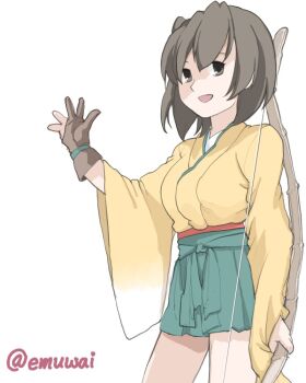  1girl bow_(weapon) brown_eyes brown_gloves brown_hair cowboy_shot emuwai gloves green_hakama hakama hakama_short_skirt hakama_skirt hashtag-only_commentary hiryuu_(kancolle) japanese_clothes kantai_collection kimono one_side_up partially_fingerless_gloves partly_fingerless_gloves short_hair simple_background single_glove skirt solo weapon white_background yellow_kimono yugake 