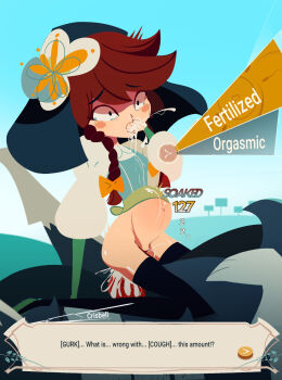 1boy 1girl ahegao animal_penis bestiality big_belly brown_hair character_name character_request cowgirl_position cris_tales crisbell cum cum_in_mouth cum_in_nose cum_in_pussy cum_through defeat female_focus fertilization goatwithsauce hetero highres impregnation inflation loli male_focus ovum penis sex sex_through_untorn_clothes speech_bubble straddling talking tears twintails vaginal vomiting_cum wide-eyed wolf wolf_penis