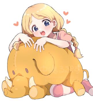  1girl baraag blonde_hair braid child grey_eyes heart linnea_(baraag) looking_at_viewer nakajima_lupus open_mouth pantyhose pink_pantyhose pink_shirt shirt short_sleeves simple_background sitting smile solo striped_clothes striped_pantyhose stuffed_animal stuffed_toy twin_braids white_background 