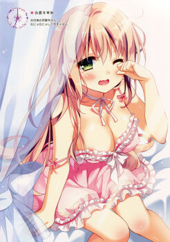 10s 1girl absurdres arched_back areola_slip arm_support babydoll bed blonde_hair blush body_blush bow breasts camisole character_name cleavage curtains dress fang female_focus frilled_dress frills green_eyes highres hino_akane_(idolmaster) idolmaster idolmaster_cinderella_girls knees_together_feet_apart large_breasts leaning_forward light_rays lingerie long_hair looking_at_viewer neck_ribbon off_shoulder on_bed one_eye_closed open_mouth pan_(mimi) pink_hair ribbon rubbing_eyes saionji_kotoka scan sitting sleepy solo star_(symbol) strap_slip sunbeam sunlight tears thick_eyebrows underwear very_long_hair waking_up wavy_mouth rating:Questionable score:29 user:danbooru