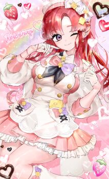 1girl ;) absurdres apron beret closed_mouth commentary_request food frilled_skirt frills fruit gloves half_gloves hat heart highres kneehighs long_hair long_sleeves looking_at_viewer nijisanji one_eye_closed parted_bangs pleated_skirt puffy_long_sleeves puffy_sleeves purple_eyes red_hair saotome_berry shirt skirt smile socks solo strawberry tekona0 thick_eyebrows very_long_hair virtual_youtuber white_apron white_gloves white_hat white_shirt white_socks 