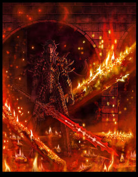  1boy anima armor fire full_armor highres male_focus solo sword tattoo weapon wen-m  rating:Sensitive score:14 user:danbooru