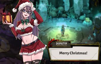  1girl :d absurdres artist_name belt black-framed_eyewear black_belt black_thighhighs bow bowtie box breasts brown_hair character_name christmas cleavage cleavage_cutout clothing_cutout commentary commission cowboy_shot crop_top dialogue_box dispatch_(bird8700) english_commentary english_text fur-trimmed_sleeves fur_trim game_screenshot_background gift gift_box gift_wrapping glasses green_bow green_bowtie hades_(series) hades_1 hand_on_own_head hat highleg highleg_panties highres holding holding_gift long_hair long_sleeves medium_breasts merry_christmas midriff miniskirt navel open_mouth original panties panty_straps pleated_skirt pom_pom_(clothes) purple_eyes red_hat red_shirt red_skirt santa_costume santa_hat screenshot_background semi-rimless_eyewear shirt skirt slit_pupils smile solo string_panties thighhighs torn_clothes torn_thighhighs underwear unusualpie zettai_ryouiki 