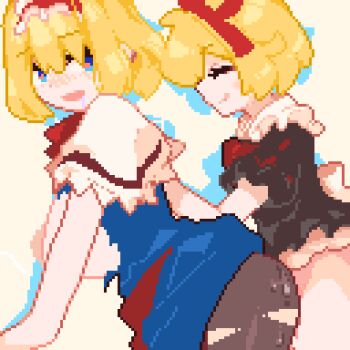  1futa 1girl alice_margatroid animated animated_gif black_pantyhose blonde_hair blue_dress blue_eyes breasts commission dress futa_with_female futanari happy_sex heart heart-shaped_pupils implied_futanari large_breasts medicine_melancholy momiahair nipples pantyhose pixel_art sex short_hair skeb_commission standing standing_sex symbol-shaped_pupils torn_clothes torn_dress torn_pantyhose touhou yuri  rating:Explicit score:219 user:danbooru