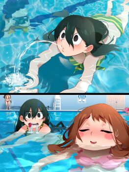 2boys 2koma 4girls ashido_mina ass asui_tsuyu bikini black_eyes black_hair blush_stickers boku_no_hero_academia breasts camera closed_eyes colored_skin comic disgust english_text firing green_bikini green_hair gun hair_between_eyes highres holding holding_camera holding_gun holding_weapon implied_peeing implied_sex indoors khyle. kirishima_eijirou large_breasts long_hair looking_at_another medium_breasts mineta_minoru multiple_boys multiple_girls navel open_mouth partially_submerged pink_bikini pink_hair pink_skin pool red_bikini red_hair sign spitting standing sweatdrop swimming swimsuit teeth thick_eyebrows tongue tongue_out upper_teeth_only uraraka_ochako very_long_hair water weapon yaoyorozu_momo