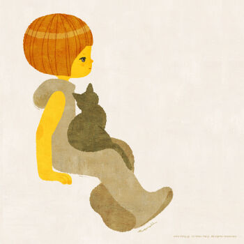  1girl animal animal_on_lap archived_source artist_name black_cat black_fur black_tail blush bob_cut cat closed_mouth commentary copyright_notice crossed_legs elbow_blush english_text fingernails full_body grey_eyes grey_hood hood hood_down hooded_pajamas invisible_chair limited_palette loungewear minimalism negative_space no_lineart no_sclera on_lap onesie original pajamas short_hair signature simple_background sitting sleeveless solo_focus tanji_youko watermark web_address white_background 