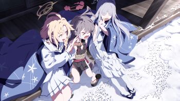  >_< 3girls absurdres ahoge ayame_(blue_archive) bandage_on_leg bandaged_arm bandaged_foot bandages bell black_kimono blonde_hair blue_archive blue_bow blue_halo blue_haori blue_neckerchief bound bow braid commentary eating english_commentary food gauze gauze_on_cheek gradient_halo grey_hair hair_ornament halo haori haori_on_shoulders highres holding holding_skewer japanese_clothes jingle_bell k.n.q kimono long_hair long_skirt long_sleeves multicolored_halo multiple_girls nagusa_(blue_archive) neckerchief okobo open_mouth platform_sandals pleated_skirt pointy_ears purple_halo red_halo rope sailor_collar sandals school_uniform serafuku shirt short_kimono shuro_(blue_archive) sideless_kimono sitting skewer skirt sleeveless sleeveless_shirt snow snowflake_hair_ornament snowflake_halo socks tabi tied_up_(nonsexual) veranda white_sailor_collar white_serafuku white_skirt white_socks yakitori yellow_halo 