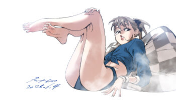  1girl ass blue_panties blue_shirt breasts brown_eyes brown_hair cushion feet full_body highres legs legs_up looking_at_viewer nabipenciller original panties ponytail shirt small_breasts soles solo tied_shirt toes underwear 