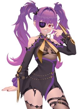  1girl absurdres alternate_breast_size_(smaller) bare_shoulders belt breasts broken_heart commission commissioner_upload eyepatch gradient_hair hair_between_eyes hair_intakes heart highres looking_at_viewer mercy_modiste multicolored_hair nail_polish o-ring o-ring_top open_mouth purple_hair red_eyes s0ft scissors small_breasts smile solo thighhighs transparent_background twintails v vallure virtual_youtuber 