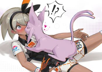  !? 2girls abs absurdres bea_(pokemon) bestiality black_bodysuit black_hairband blueberry_tea blush bodysuit bodysuit_under_clothes bow_hairband commission commissioner_upload dark-skinned_female dark_skin dynamax_band espeon forehead_jewel forked_tail gen_2_pokemon girl_on_top gloves grey_eyes grey_hair hairband heart highres interspecies kiss knee_pads multiple_girls nintendo pixiv_commission pokemon pokemon_(creature) pokemon_swsh pokephilia print_shorts purple_fur shirt short_hair shorts single_glove surprise_kiss surprised tail tied_shirt toned tongue yuri 