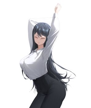  1girl absurdres arched_back arms_up black_hair black_pants breasts closed_eyes closed_mouth collared_shirt commentary_request contrapposto cowboy_shot facing_viewer hachiman_(rogeri39) highres large_breasts long_hair original pants shirt shirt_tucked_in simple_background solo stretching swept_bangs white_background white_shirt 