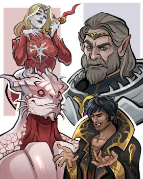  1girl 3boys absurdres artist_name baldur's_gate baldur's_gate_3 beard black_hair black_lips black_nails blonde_hair breasts circlet closed_eyes dagger dungeons_&_dragons dungeons_&amp;_dragons enver_gortash facial_hair freckles furry gold_trim highres holding holding_dagger holding_knife holding_weapon ketheric_thorm knife medium_breasts mole mole_on_neck multiple_boys orin_the_red pale_skin pointy_ears red_eyes sharp_teeth teeth the_dark_urge_(baldur's_gate) weapon zalienn_art 