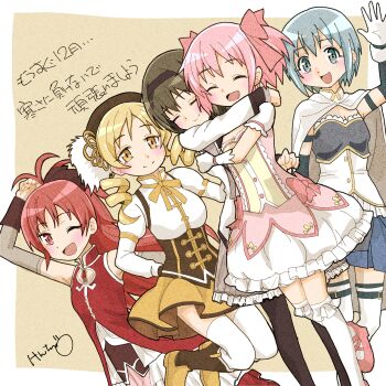  5girls absurdres akemi_homura akemi_homura_(magical_girl) black_hair blonde_hair boots breasts cape closed_eyes commentary_request dress drill_hair gloves green_eyes green_hair hairband happy hat highres hug kaname_madoka kaname_madoka_(magical_girl) kenjiru long_hair looking_at_viewer mahou_shoujo_madoka_magica medium_breasts miki_sayaka miki_sayaka_(magical_girl) multiple_girls one_eye_closed open_mouth pink_dress pink_hair red_dress red_eyes red_hair sakura_kyoko sakura_kyoko_(magical_girl) shoes short_hair smile socks standing thighhighs tomoe_mami tomoe_mami_(magical_girl) translation_request white_gloves white_socks white_thighhighs yellow_dress yellow_eyes  rating:General score:2 user:danbooru