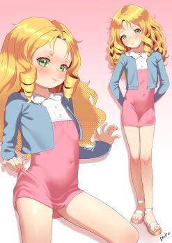  1girl andro_gs blonde_hair collared_dress covered_navel dress drill_hair drill_sidelocks green_eyes highres kago_yoh light_smile loli looking_at_viewer medalist_(manga) multiple_views pink_dress sidelocks solo standing thighs two-tone_dress white_dress 