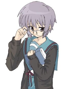  1girl adjusting_eyewear black_cardigan blue_sailor_collar blue_skirt book cardigan commentary glasses ho6ou holding holding_book kita_high_school_uniform looking_at_viewer nagato_yuki purple_hair sailor_collar school_uniform short_hair simple_background skirt solo suzumiya_haruhi_no_shoushitsu suzumiya_haruhi_no_yuuutsu white_background winter_uniform 