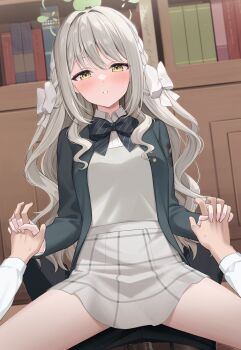  1girl absurdres black_bow black_bowtie blue_archive blush book bookshelf bow bowtie brown_eyes commentary_request green_jacket grey_hair grey_skirt hair_bow halo highres indoors interlocked_fingers jacket long_hair long_sleeves looking_at_viewer miyo_(blue_archive) mochiko_(uyu_omochi) parted_lips pov school_uniform skirt solo_focus straddling striped_bow striped_bowtie striped_clothes white_bow 