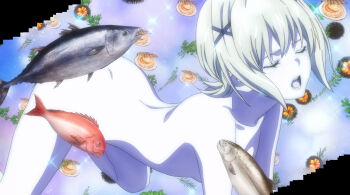  1girl all_fours anime_screenshot blonde_hair blue_background breasts censored closed_eyes completely_nude dimples_of_venus feet_out_of_frame female_focus foodgasm hair_ornament hairclip highres lanterby_(shokugeki_no_souma) novelty_censor nude open_mouth shokugeki_no_souma short_hair small_breasts solo sparkle stitched third-party_edit x_hair_ornament 