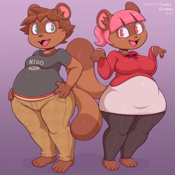  1boy 1girl animal_crossing animal_ears barefoot belly bow bowtie breasts brown_hair curvy domino_mask eye_mask eyelashes frumples furrification furry gradient_background green_eyes hands_on_own_hips happy large_breasts looking_at_another mask nintendo open_mouth pants paw_pose pink_eyes pink_hair plump ponytail purple_background raccoon_ears raccoon_tail shirt skirt smile standing tail thick_thighs thighs villager_(animal_crossing) wide_hips  rating:General score:13 user:ComboBreaking