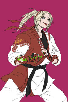  1girl animal_print belt bird_print black_belt black_gloves black_shirt blonde_hair blue_eyes closed_mouth commentary_request cowboy_shot dougi fighting_stance fingerless_gloves floating_hair floral_print gloves hairband highres legs_apart lidia_sobieska long_hair long_sleeves partial_commentary polish_flag_print polish_text ponytail red_background red_hairband red_lips red_ribbon ribbon shirt simple_background smile smirkingcat solo tekken twitter_username v-shaped_eyebrows wrist_ribbon 