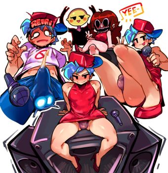  1boy 1girl 1other bare_legs bare_shoulders baseball_cap blue_hair blush boyfriend_(friday_night_funkin') bulge cosplay costume_switch crossdressing cum cum_in_clothes cum_through_clothes doppel_(bonnypir) dress english_text erection face_swap friday_night_funkin' girlfriend_(friday_night_funkin') glowing hat high_heels highres holding holding_microphone lemon_demon_(friday_night_funkin') male_focus microphone multiple_boys music newgrounds no_symbol open_mouth red_dress short_hair singing sitting smile speaker sweatdrop teeth v what  rating:Explicit score:152 user:BlueBaroness