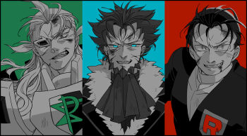  3boys ascot beard black_coat blazer blood blood_from_forehead blood_from_mouth blood_in_hair blood_on_face blue_background blue_eyes chinstrap_beard coat commentary_request constricted_pupils facial_hair facing_viewer fur-trimmed_coat fur_trim ghetsis_(pokemon) giovanni_(pokemon) green_background grey_ascot grey_cloak grey_hair grin hair_slicked_back high_contrast injury jacket looking_ahead lysandre_(pokemon) male_focus monochrome multiple_boys nintendo open_mouth pokemon pokemon_bw pokemon_frlg pokemon_xy red_background scar scar_on_face scouter scratches shirt side-by-side smile spot_color sun-baby three-toned_background upper_body wavy_hair white_shirt 