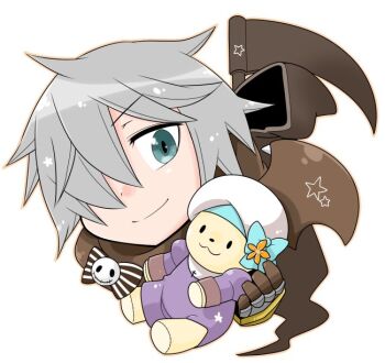 1boy blue_eyes closed_mouth commentary_request gauntlets grey_hair hair_between_eyes hair_over_one_eye holding holding_stuffed_toy long_bangs looking_at_viewer male_focus oekakipikki portrait priest_(ragnarok_online) ragnarok_online rune_knight_(ragnarok_online) scythe short_hair simple_background smile solo stuffed_animal stuffed_toy teddy_bear white_background 