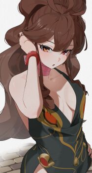  black_dress brown_hair dress hand_on_own_hip hilda_(pokemon) long_hair looking_at_viewer mega_stone neck_ribbon ribbon shinarika396 tagme tucking_hair wristband  rating:Sensitive score:4 user:AsunaBlue