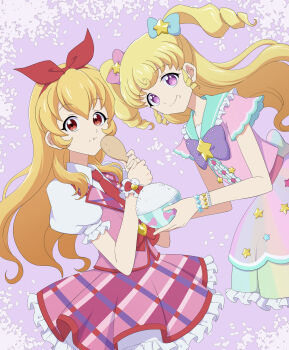  2girls aikatsu! aikatsu!_(series) blonde_hair bow bow_hairband bowl collared_shirt commentary_request cowboy_shot crossover dress food food_on_face frilled_skirt frills hair_bow hairband highres holding holding_spoon hoshimiya_ichigo idol idol_clothes idol_time_pripara long_hair looking_at_viewer miniskirt multiple_girls necktie pink_dress pink_skirt pretty_series pripara puffy_short_sleeves puffy_sleeves purple_background purple_eyes red_eyes red_hairband red_necktie rice rice_bowl shamoji shirt short_sleeves skirt smile spoon standing star_(symbol) trait_connection two_side_up uma_(umagaobanana) white_shirt yumekawa_yui 