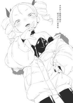  1girl black_collar black_gloves blush breast_zipper breasts bridal_gauntlets coat collar commentary_request drill_hair earrings elbow_gloves flat_chest fur-trimmed_coat fur-trimmed_hood fur_trim gloves greyscale hand_on_own_chin highres hood hooded_coat jewelry latex latex_gloves loli long_sleeves looking_at_viewer medium_hair mole mole_under_eye monochrome nail_polish off_shoulder open_mouth original partially_unzipped shiny_clothes shoulder_blush simple_background single_earring solo swimsuit twin_drills twintails white_background zettai_yarumoni zipper 