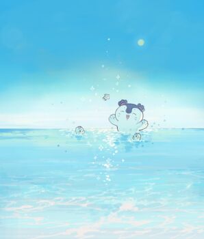  3others blue_sky chiikawa closed_eyes multiple_others open_mouth partially_submerged siren_(chiikawa) sky sparkle squid starshadowmagician sun water waves 