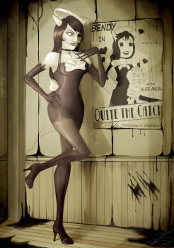  1girl alice_(bendy_and_the_ink_machine) bendy_and_the_ink_machine black_hair breasts choker cleavage corruption creepy dark_persona dress high_heels highres horns long_hair poster_(medium) short_dress teeth thighhighs twisted_alice  rating:Sensitive score:8 user:twilight_jester